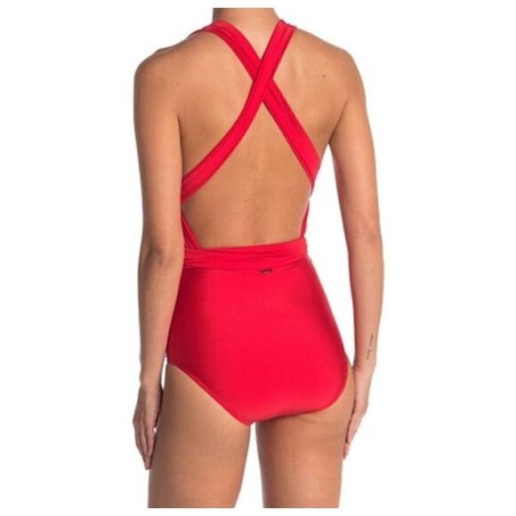 NWT Nicole Miller 1 PC Convertible w Side Ruching Swimsuit in High Risk Red Sz S - Picture 3 of 14